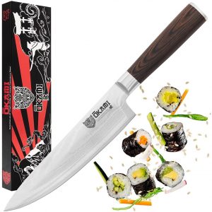 Okami Knives CHEF KNIFE 8in Japanese Damascus Stainless Steel, High Carbon Sharp Kitchen Cutlery, Light & Ergonomic Gyuto