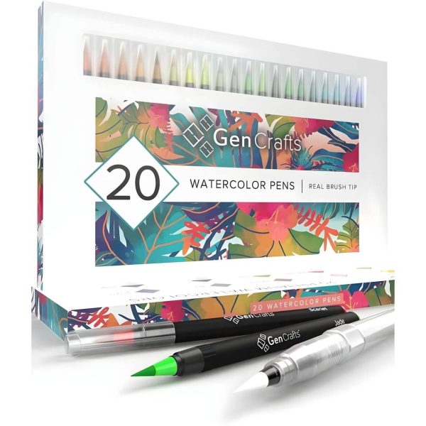 Genuine Crafts GenCrafts Watercolor Pens Brush Marker Set of 20 Premium Colors - Real Brush Tips